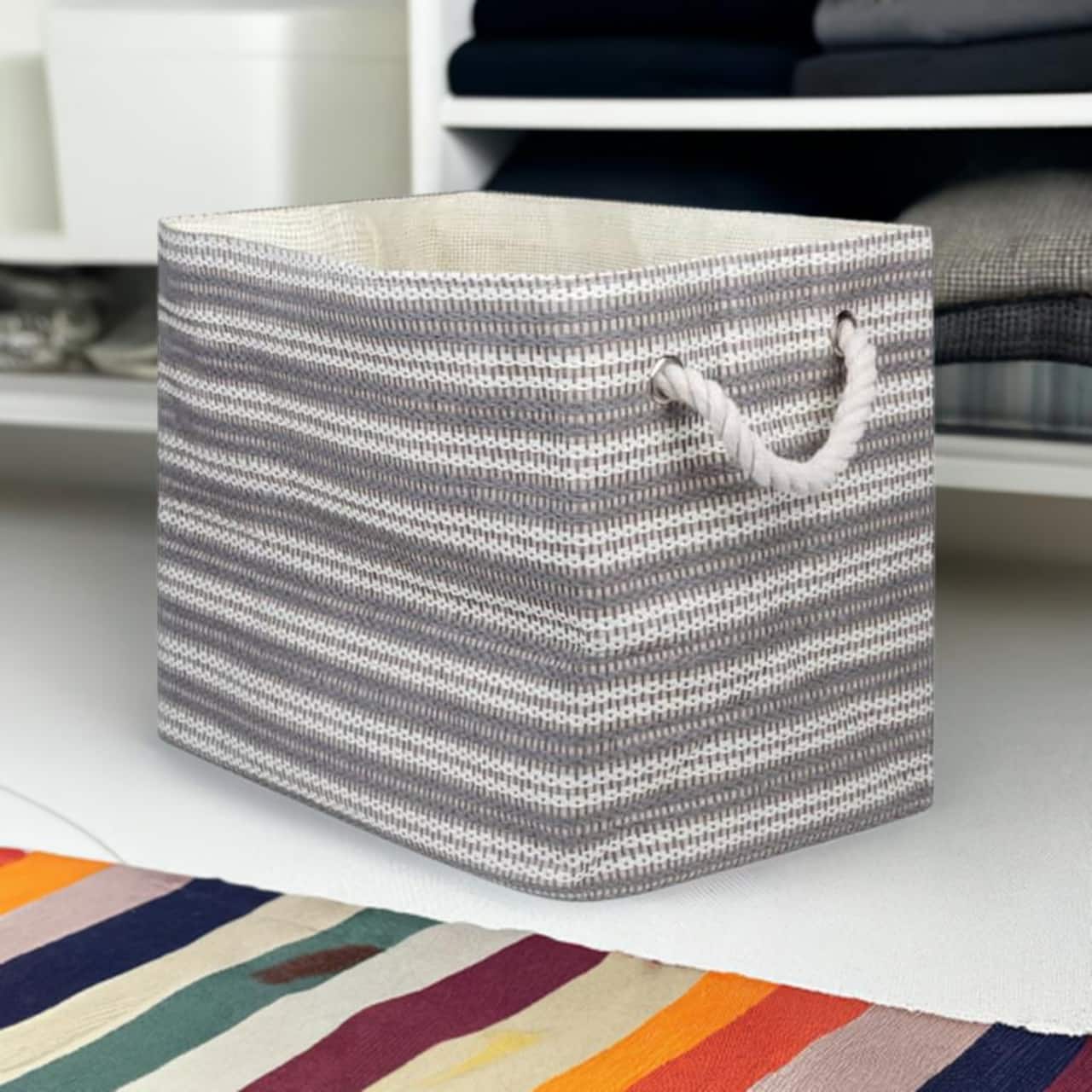 DII® Large Gray Basketweave & White Stripe Rectangle Paper Basket